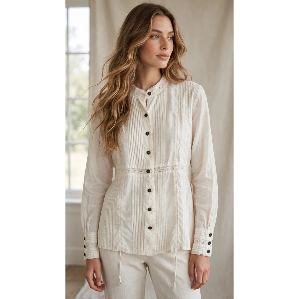 Womens 2X Cream Blouse Pintuck Eyelet Lace Trim Drawstring Waist Cottagecore